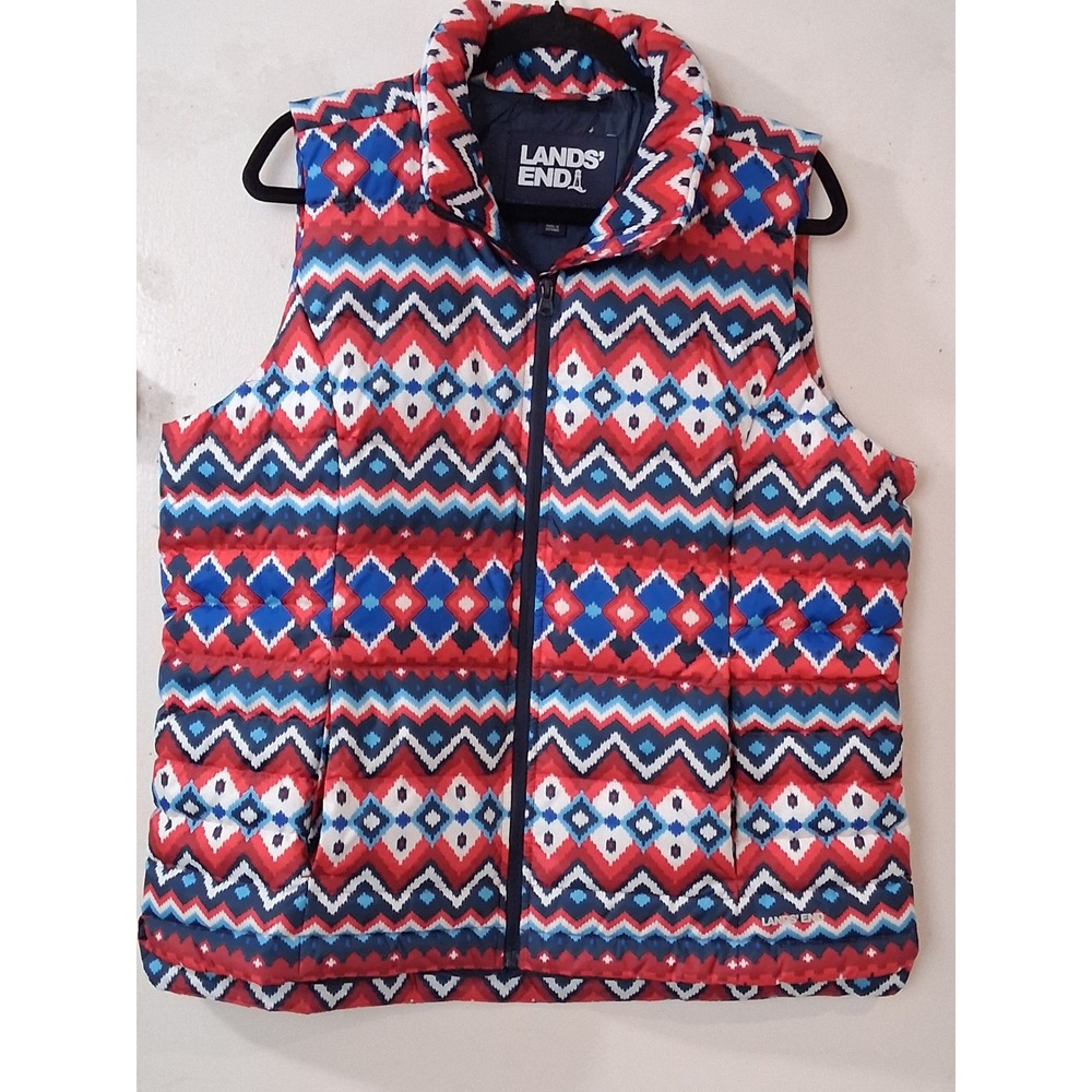 Lands End Womens Large 14-16 Down Puffer Vest Red Blue Fair Isle Geometric Zip
